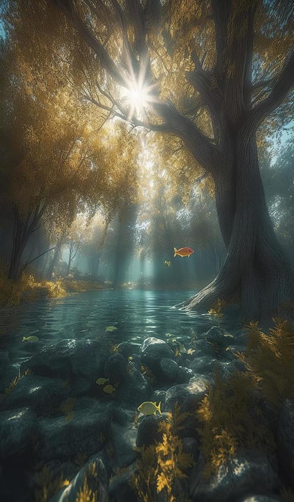 big fish swimming below the surface with trees and sunlight, in the style of otherworldly landscapes, generat ai photo