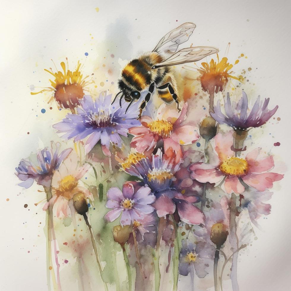 Honey bee on top of a bouquet of spring wildflowers, watercolour, generat ai photo