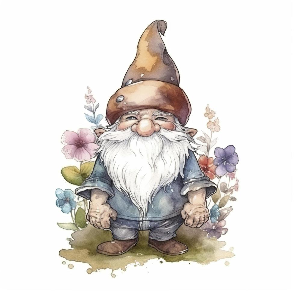 Gnome Watercolor, Sticker, Joyful, Muted Color, Retro, Contour, White Background, generat ai photo
