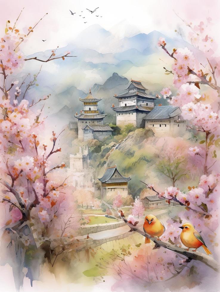 in spring, pink peach trees, green mountains, ancient buildings, a few swallows, a lot of white space, fog, fresh and bright colors,Watercolor children's illustration, generat ai photo