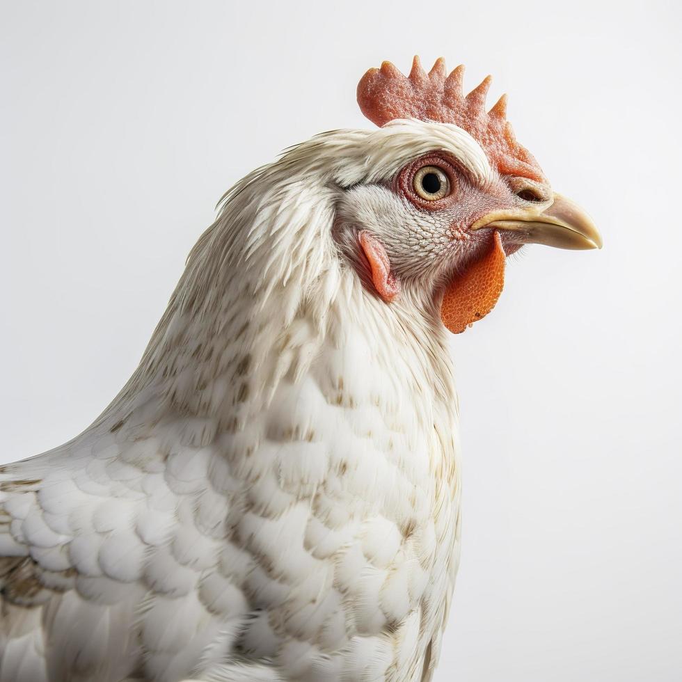 Portrait of a ginger chicken standing isolated on white background, profile view of a chicken white background, photorealistic, hyperrealism, generate ai photo