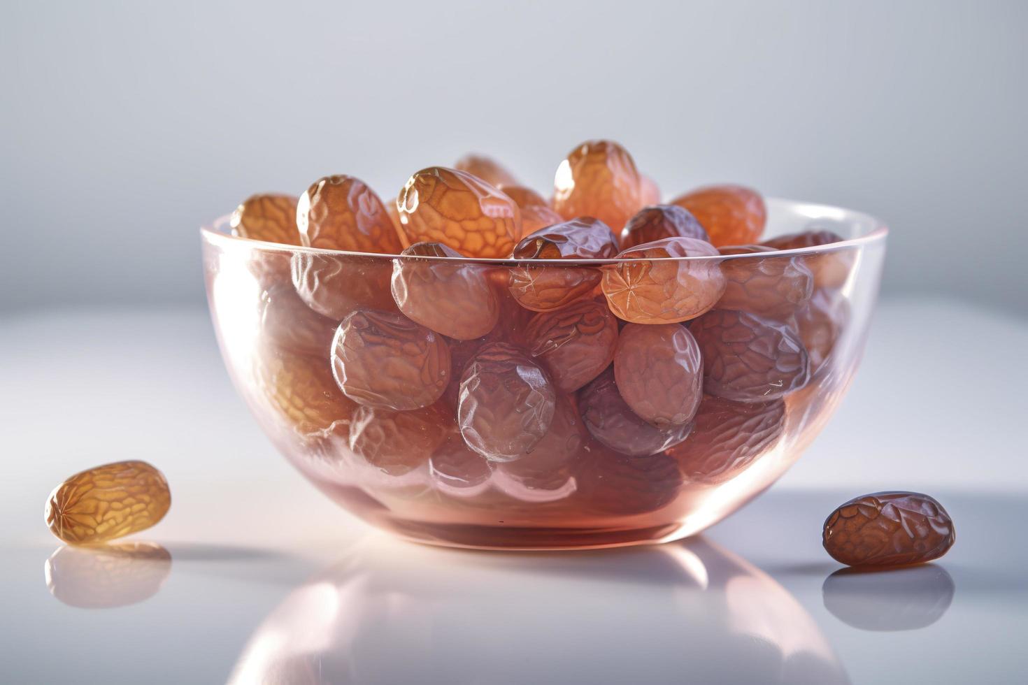date seeds in a bowl on a white surface, in the style of translucent geometries, graceful poses, infused with social commentary, generat ai photo