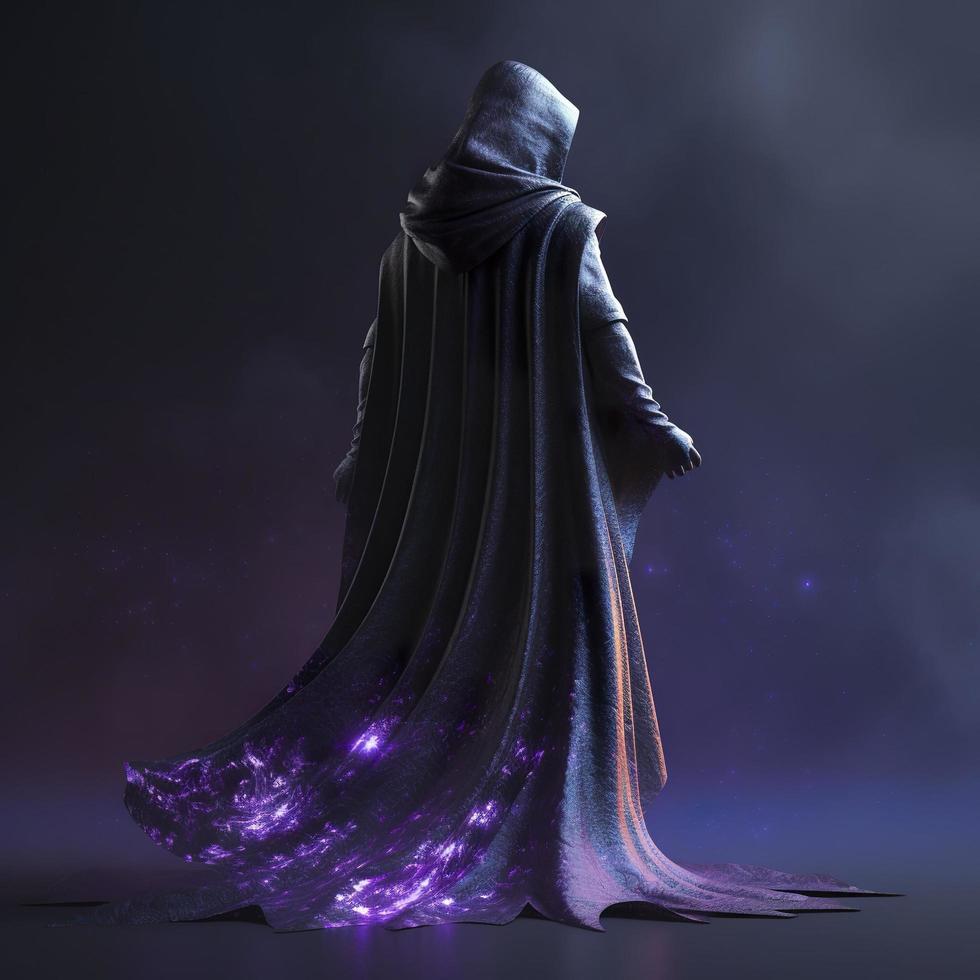 A dark and powerful being from the edge of the cosmos, its body is made of ashen mist and purple chaos, it wears an iridescent cloak that is reminicent of a nebula, generate ai photo