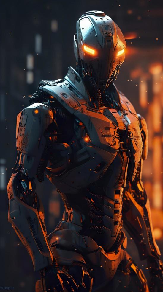 a robot armoured with orange and black lights, in the style of anime art, wlop, sharp lines, 8k resolution, the new fauves, exaggerated poses, generate ai photo