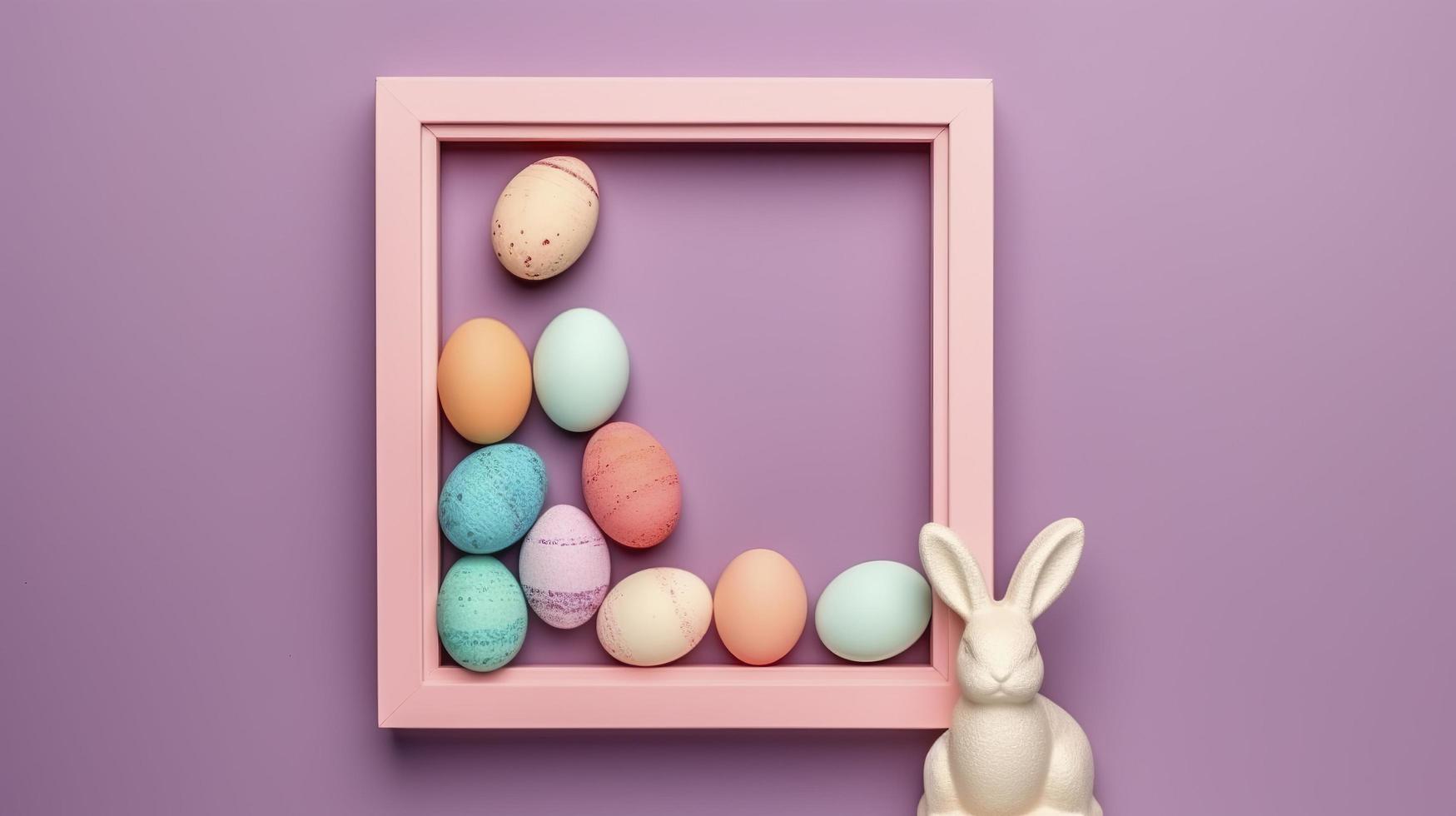 Free photo top view of colorful easter eggs with bunny and frame, generat ai