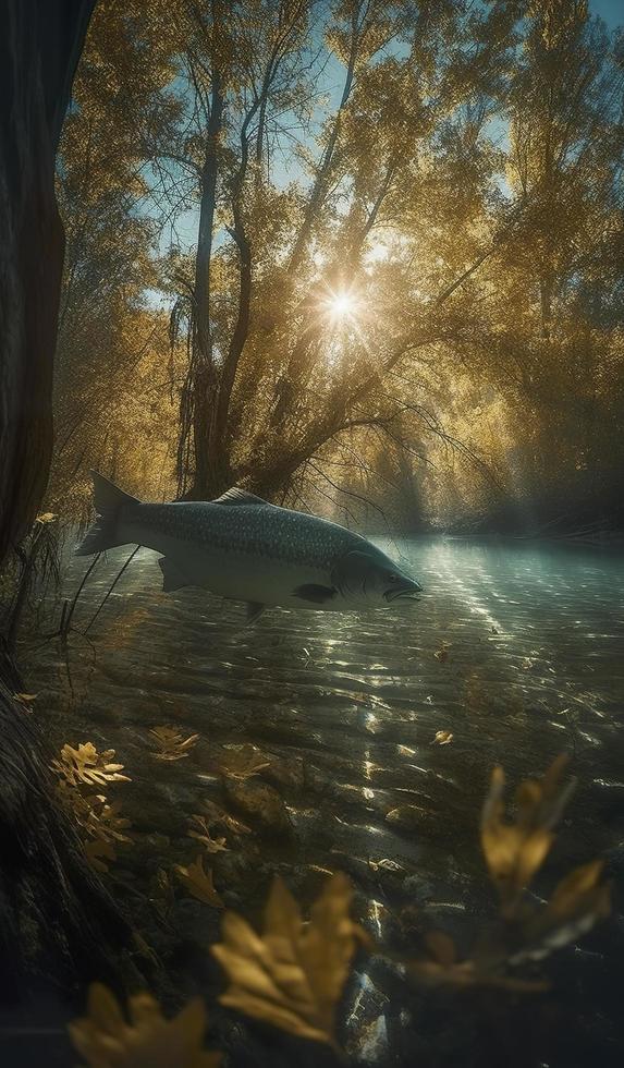 big fish swimming below the surface with trees and sunlight, in the style of otherworldly landscapes, generat ai photo