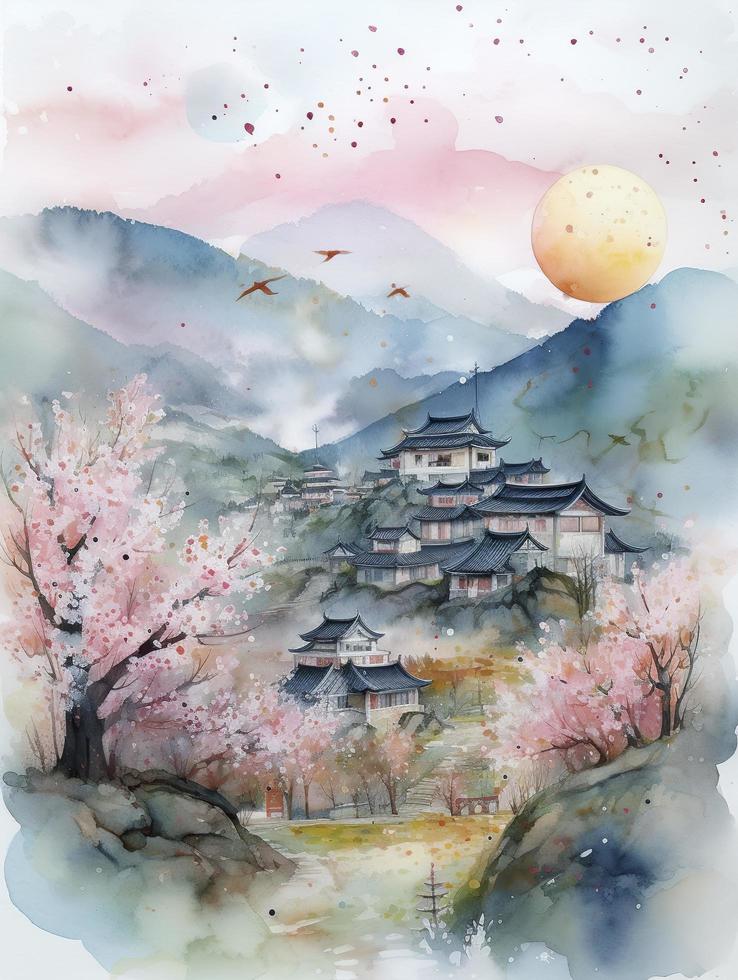 in spring, pink peach trees, green mountains, ancient buildings, a few swallows, a lot of white space, fog, fresh and bright colors,Watercolor children's illustration, generat ai photo