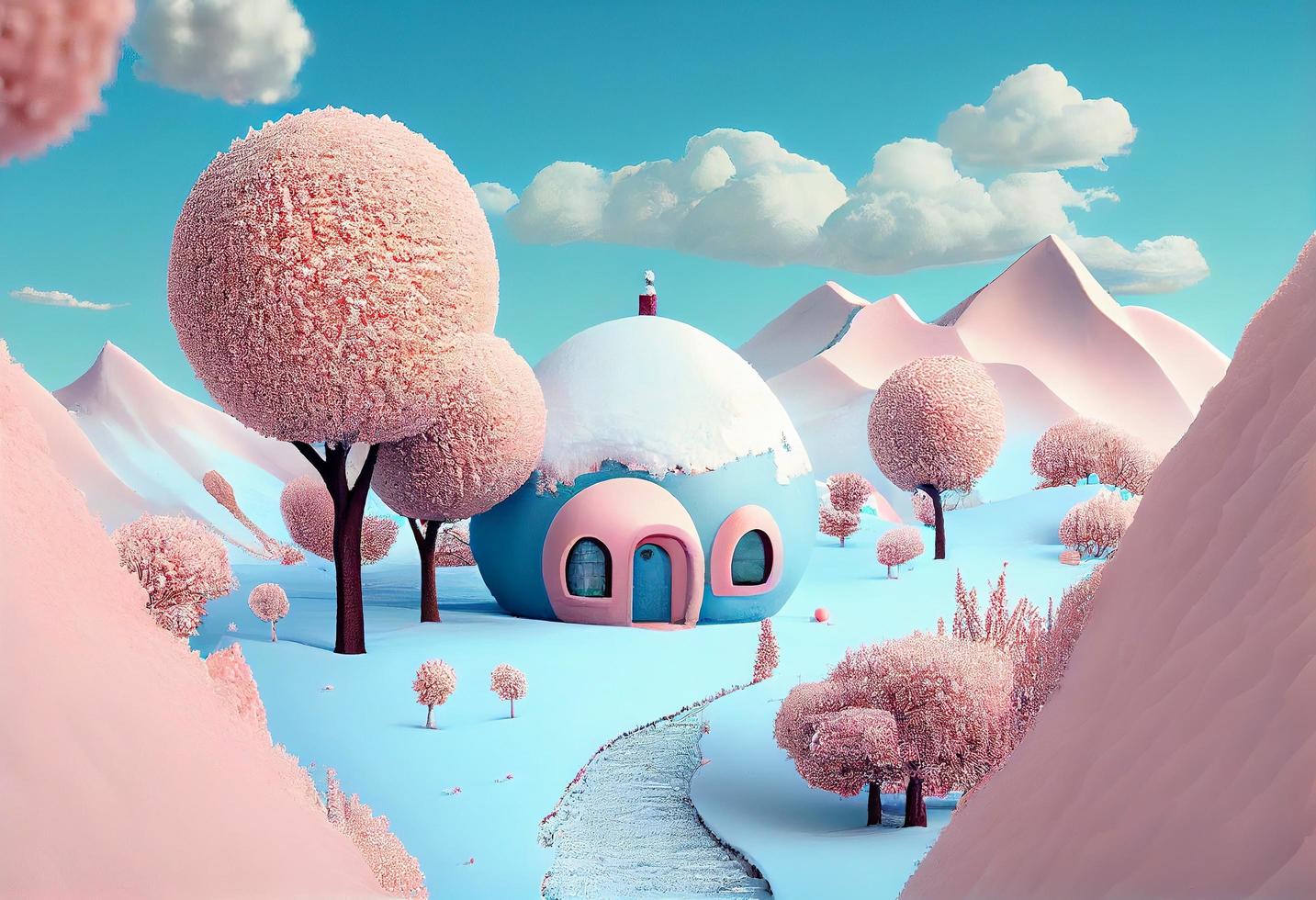 un surrealista cuento de hadas Valle invierno paisaje con un iglú, color melocotón arboles con azul flores en él, rosado y melocotón bolas de algodón de azúcar en palos, generar ai foto