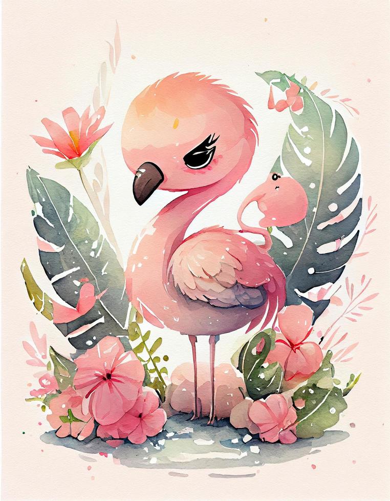 reamy watercolor cute happy chibi flamingo with flowery fairytale background, soft pastel colors, generat ai photo