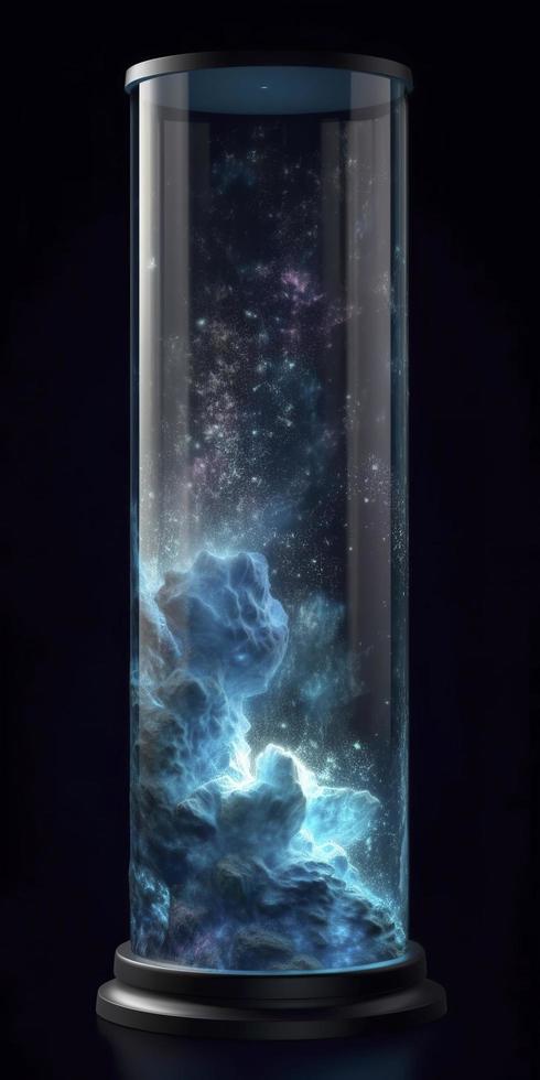 Glass tube contained the oceans, earth, wind, fire, ether, entire nature universe with stargazing nebula and stars, galaxies, generate ai photo