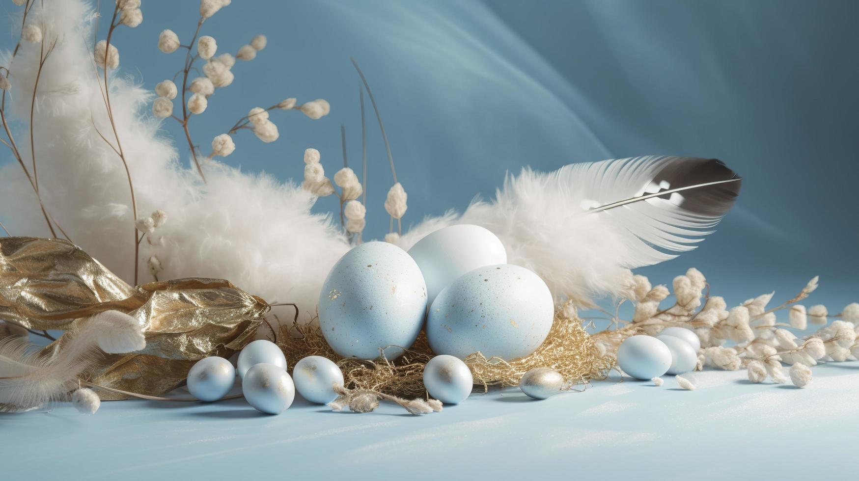 a bright blue background with one white Down feathers and eggs, in the style of soft and dreamy pastels, glimmering light effects, nature-inspired imagery, generat ai photo