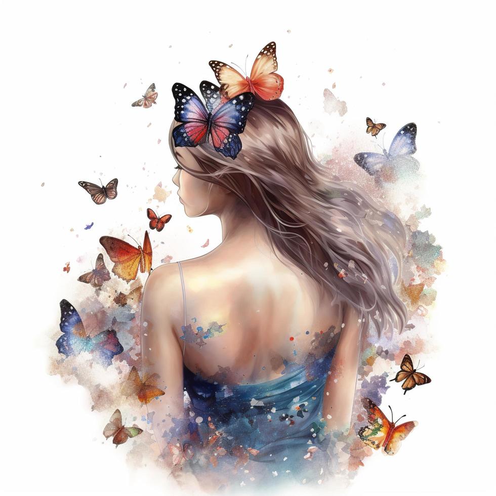 beautiful looking Girl and Butterflies in style of watercolor illustration, view from back side, carnation flowers arrangement decoration, plenty of butterflies, generate ai photo