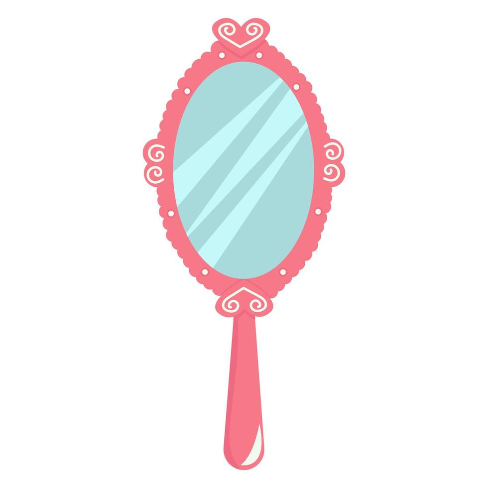 Hand mirror with hearts from princess. Pink vintage accessory for a little girl. Toy isolated on white background. Vector illustration