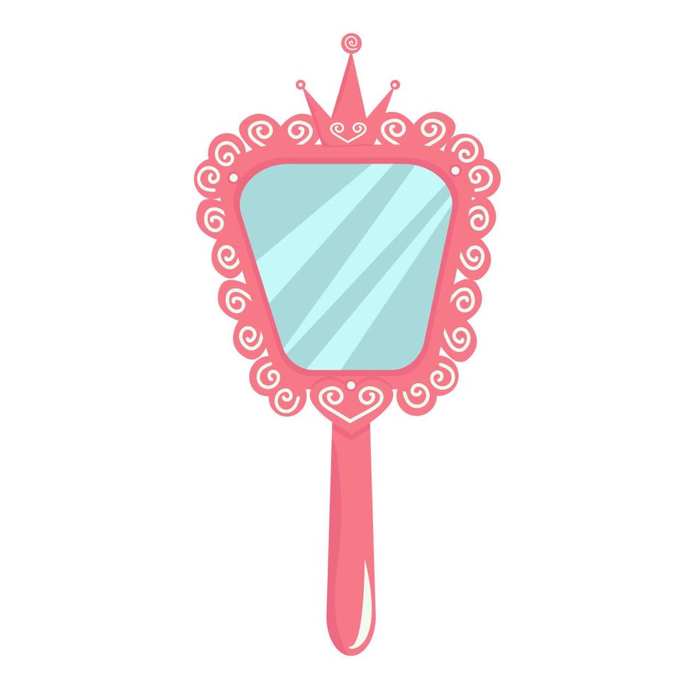 Hand mirror with crown from princess. Pink vintage accessory for a little girl. Toy isolated on white background. Vector illustration