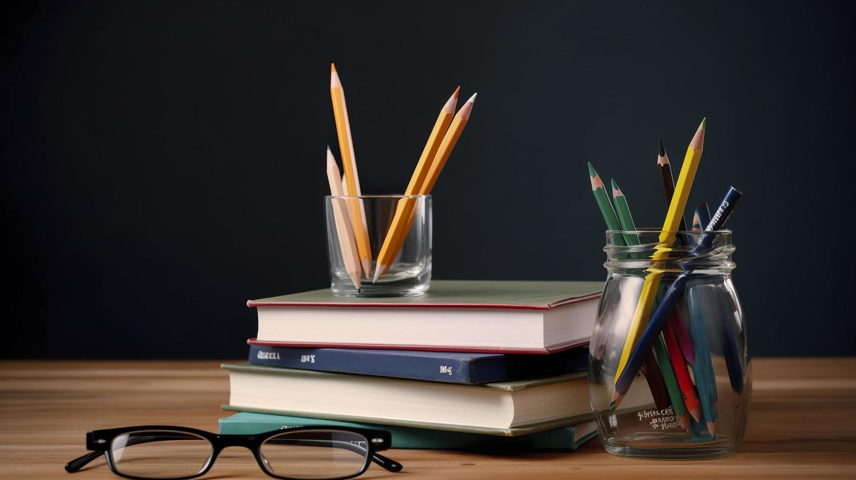 Free photo stack of books with pencil holder and glasses against a chalkboard, generate ai