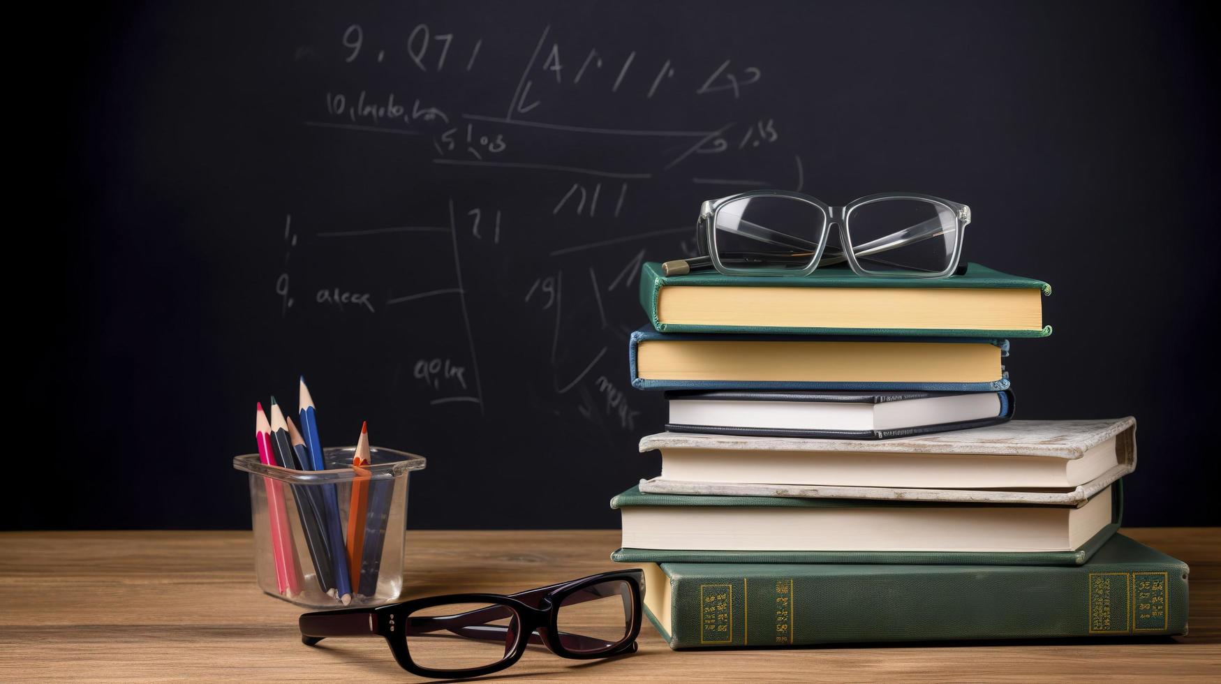 gratis foto apilar de libros con lápiz poseedor y lentes en contra un pizarra, generar ai