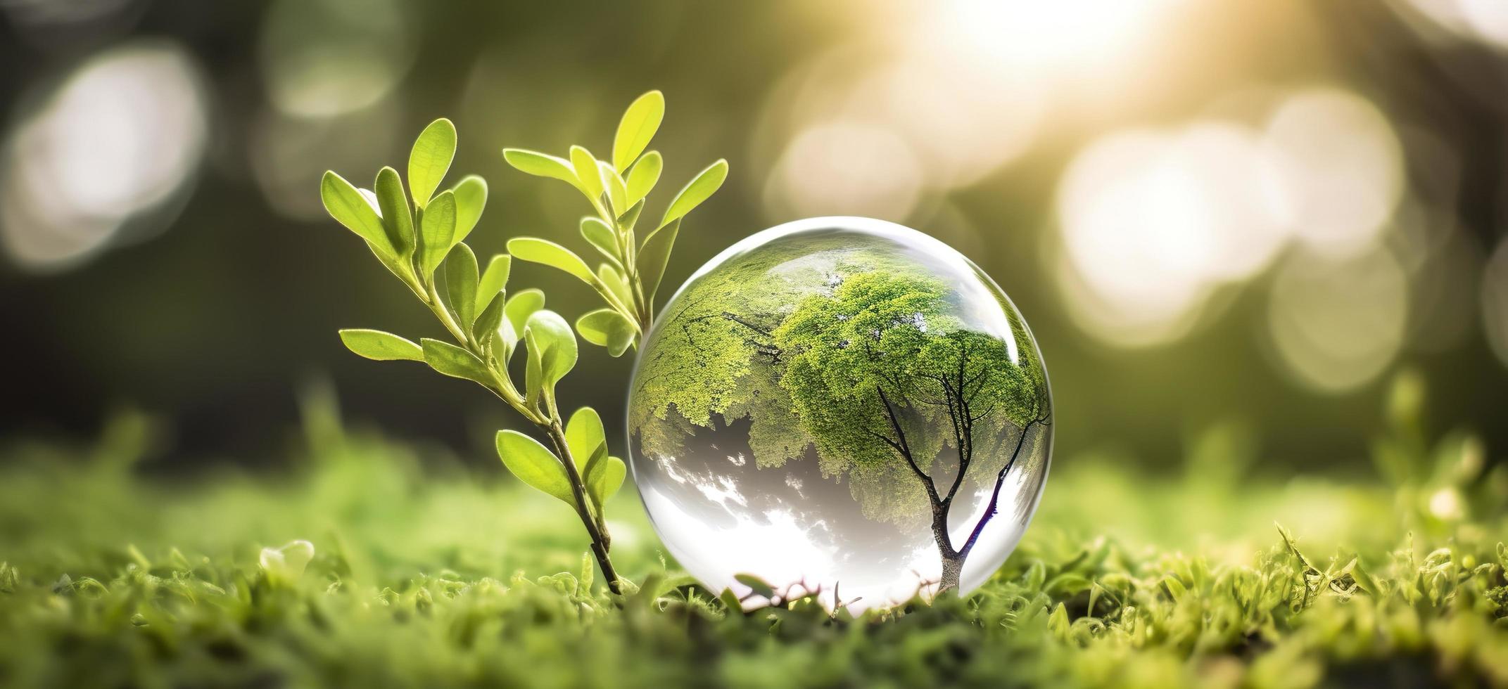 Photo glass globe ball with tree growing and green nature blur background eco earth day concept, generat ai