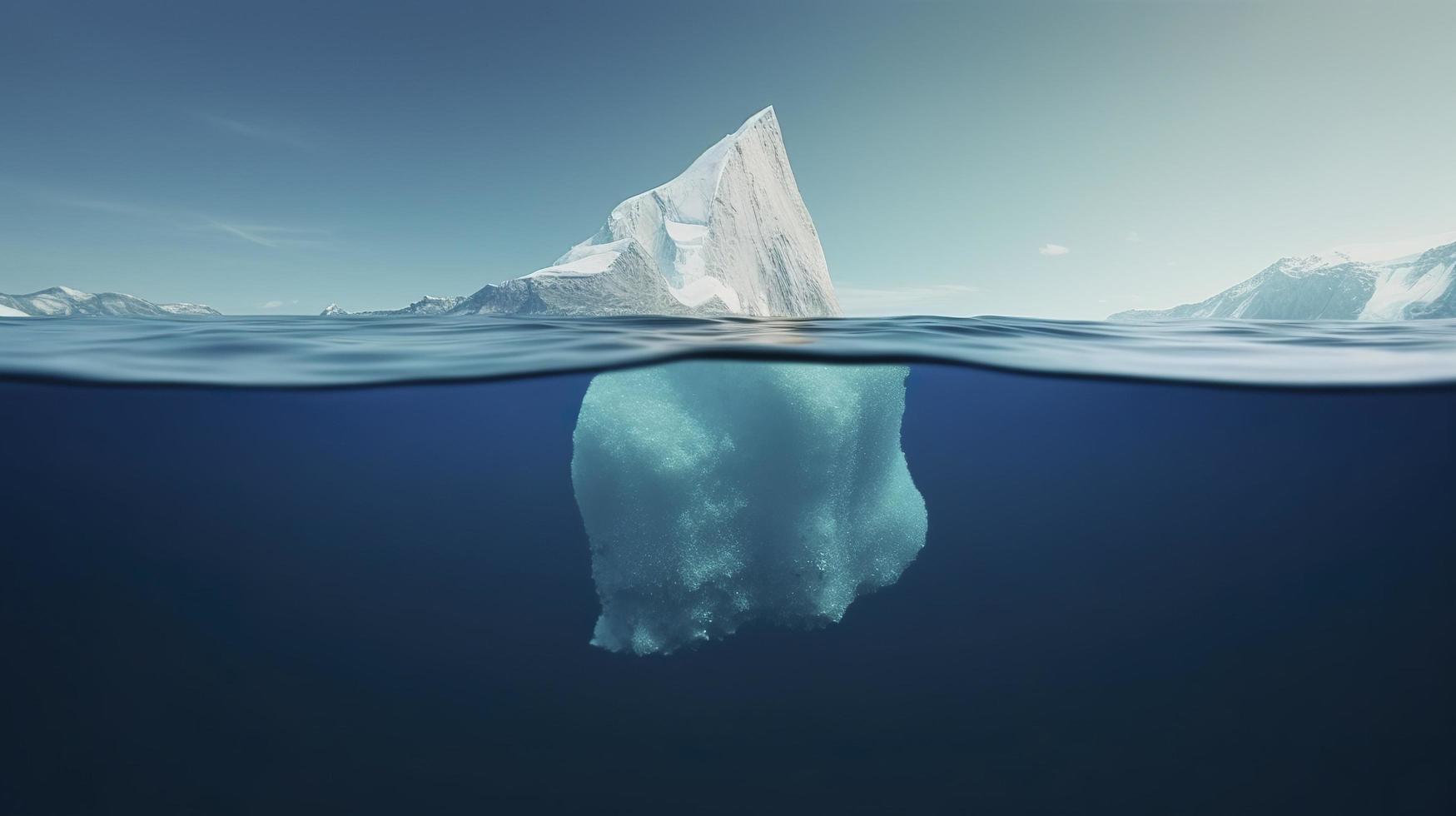 iceberg con encima y submarino ver tomado en Groenlandia. iceberg - oculto peligro y global calentamiento concepto. iceberg espejismo creativo idea, generar ai foto