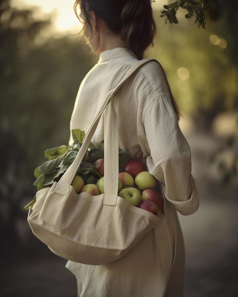 A woman carrying a reusable grocery bag full of fresh fruits and vegetables from the farmer's market, generat ai photo