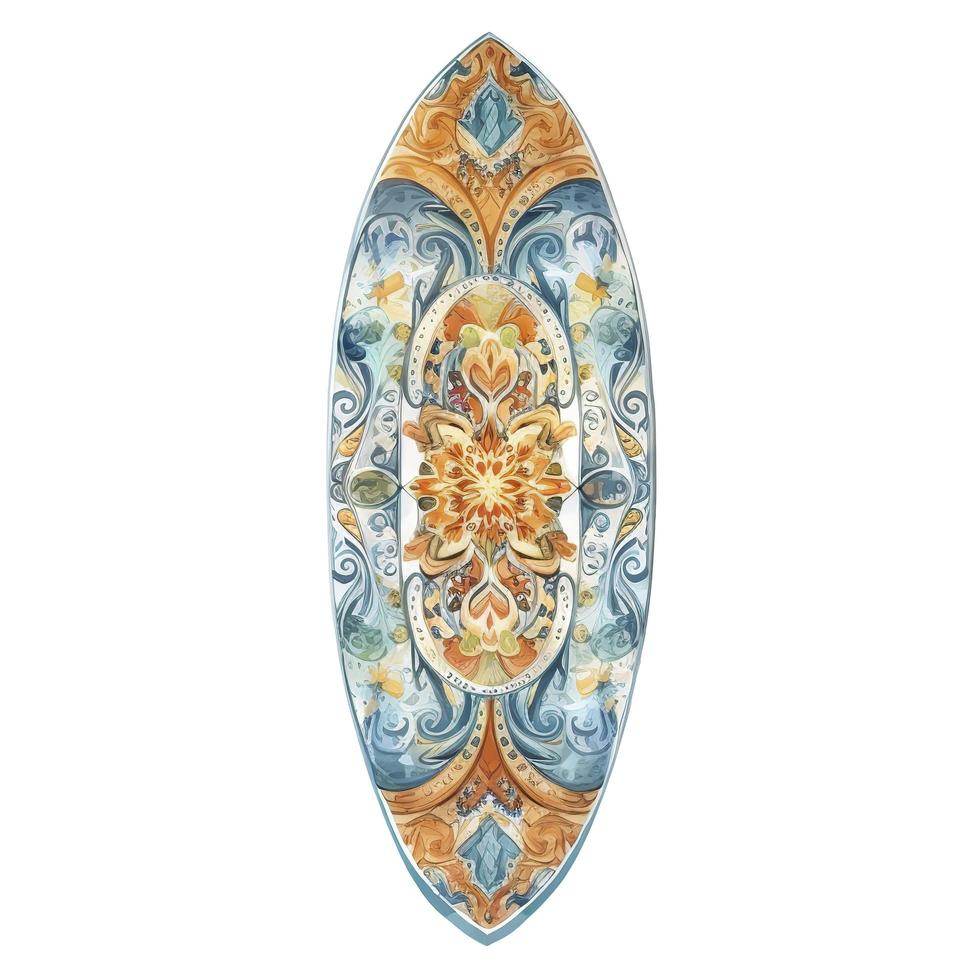 ornate surfboard. Watercolor. On the beach. 8k, on white background, generat ai photo
