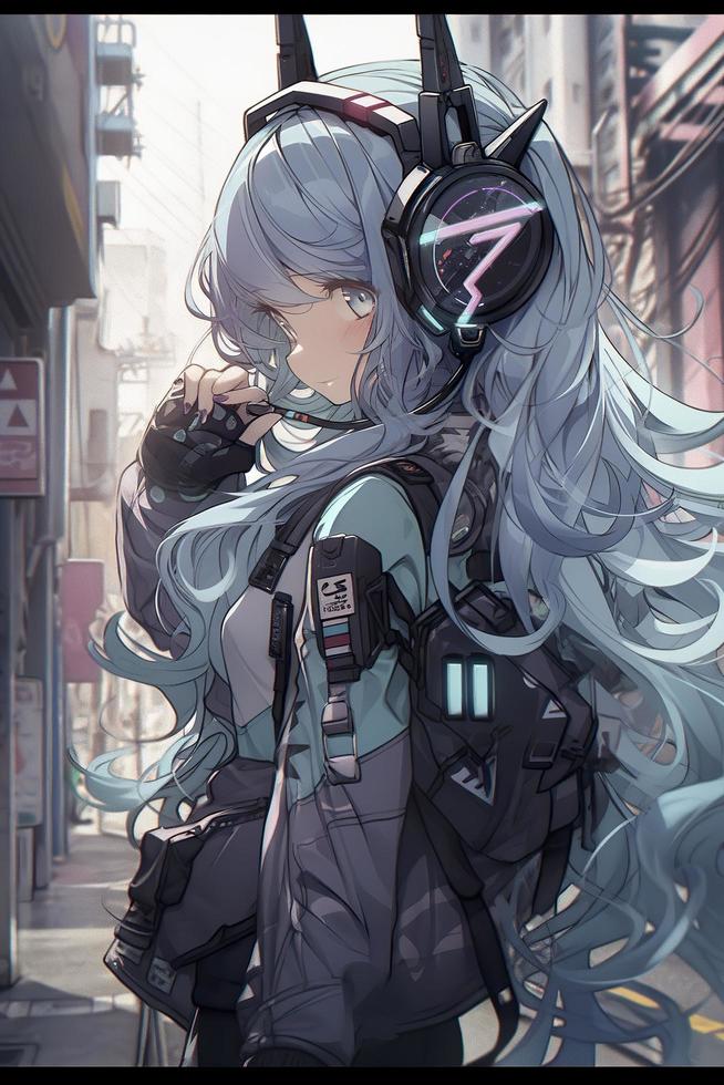 photorealism, a super cool spacepunk chick, she is walking on a street in a space station with headphones on, her clothing is futuristic and colorful, generat ai photo