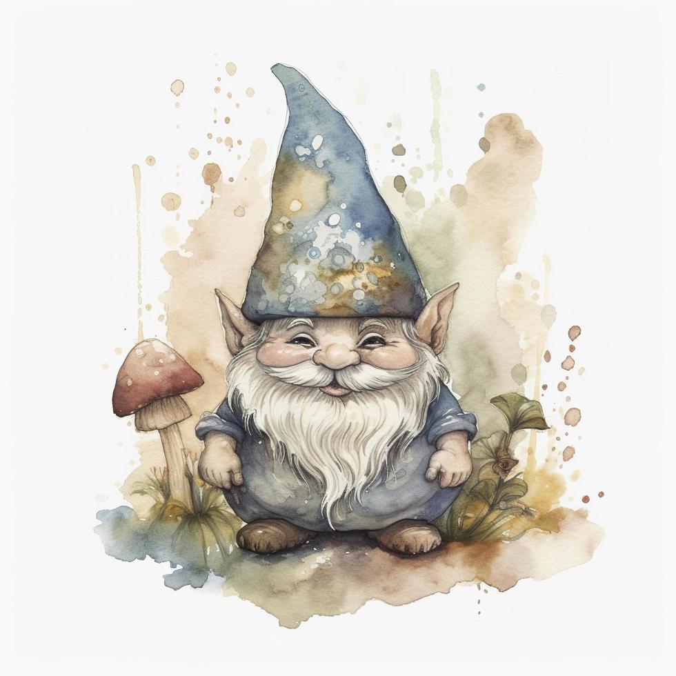 Gnome Watercolor, Sticker, Joyful, Muted Color, Retro, Contour, White Background, generat ai photo