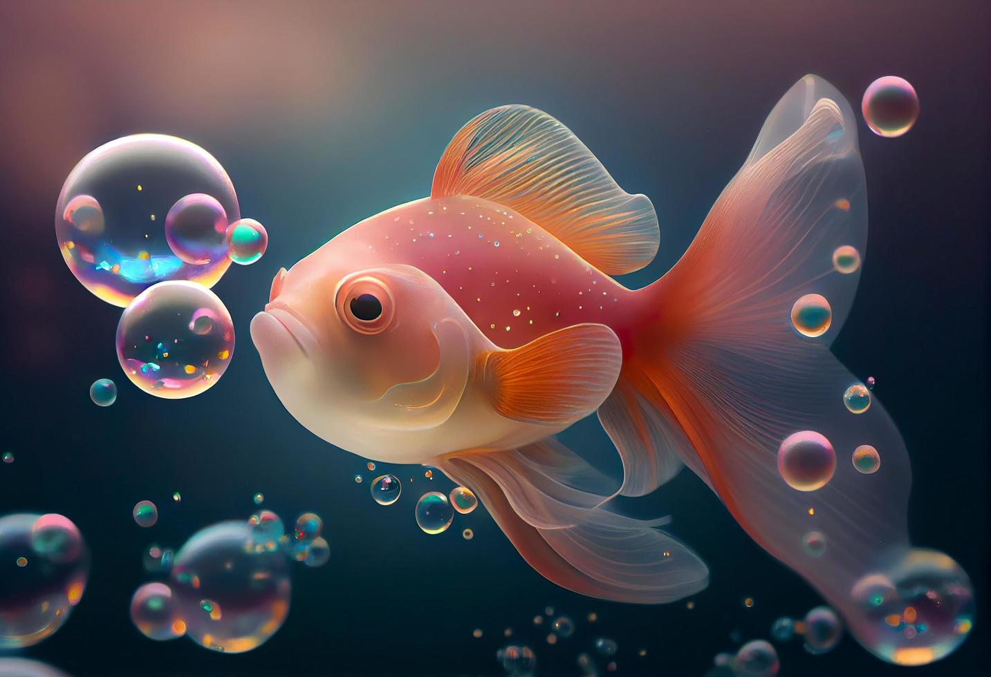 A surrealistic hyperrealistic fairytale cute cuddle fish. The background is a landscape with peach, pink and iridescent soap bubbles floating around, generat ai photo