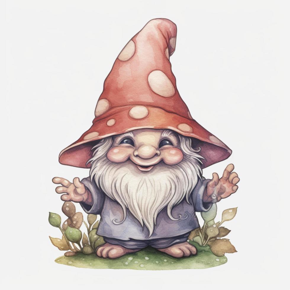 Gnome Watercolor, Sticker, Joyful, Muted Color, Retro, Contour, White Background, generat ai photo