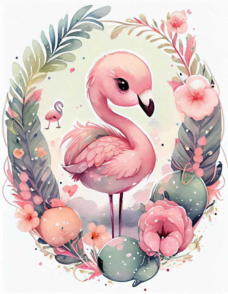 reamy watercolor cute happy chibi flamingo with flowery fairytale background, soft pastel colors, generat ai photo
