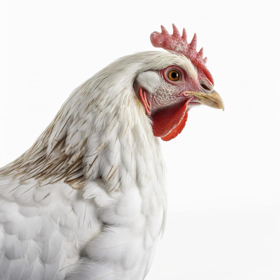 Portrait of a ginger chicken standing isolated on white background, profile view of a chicken white background, photorealistic, hyperrealism, generate ai photo