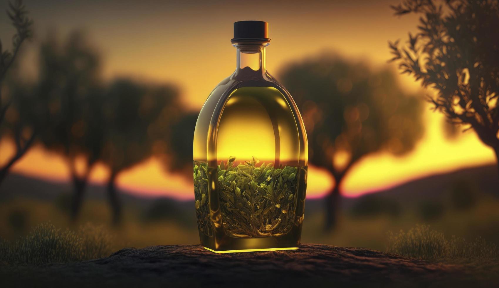 golden olive oil bottle on wooden table olive field in morning sunshine with copyspace are, Generate Ai photo