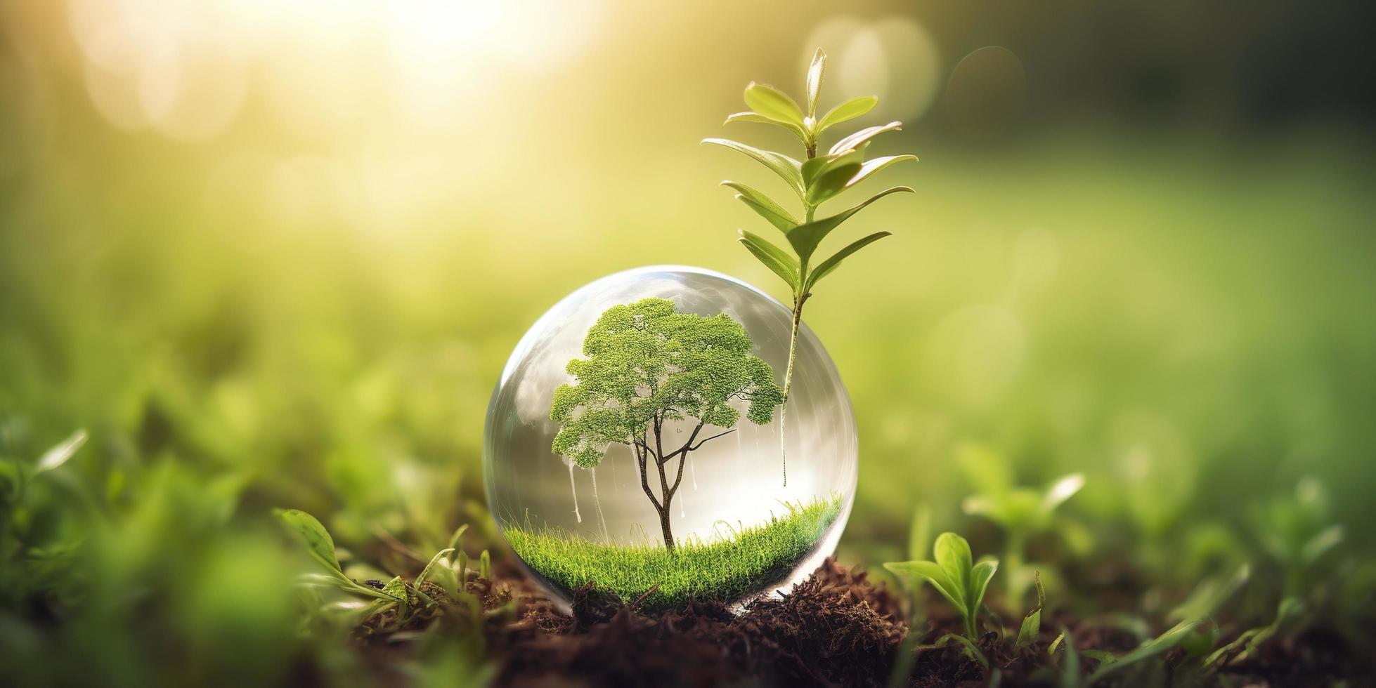 Photo glass globe ball with tree growing and green nature blur background eco earth day concept, generat ai