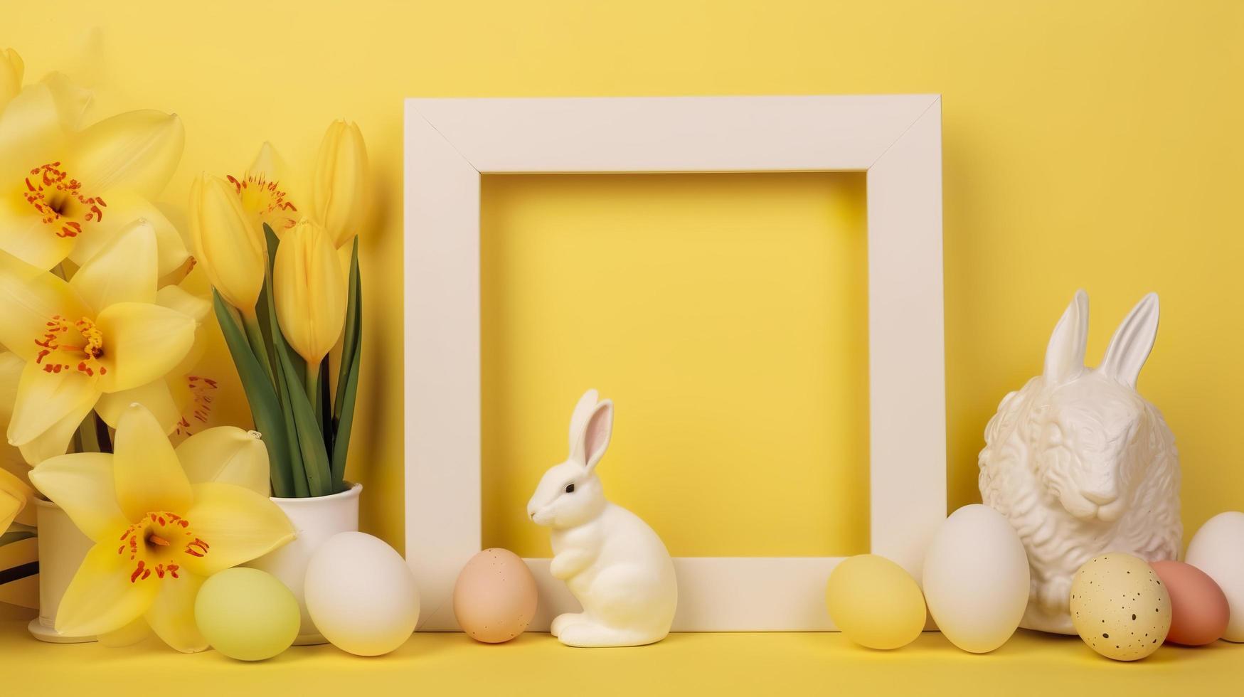 Free photo an empty white border frame decorated with lily flowers, rabbit figurine and easter eggs on yellow background, generat ai