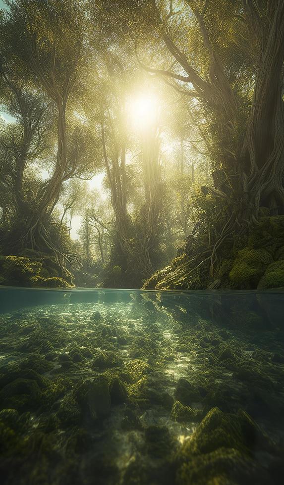 big fish swimming below the surface with trees and sunlight, in the style of otherworldly landscapes, generat ai photo
