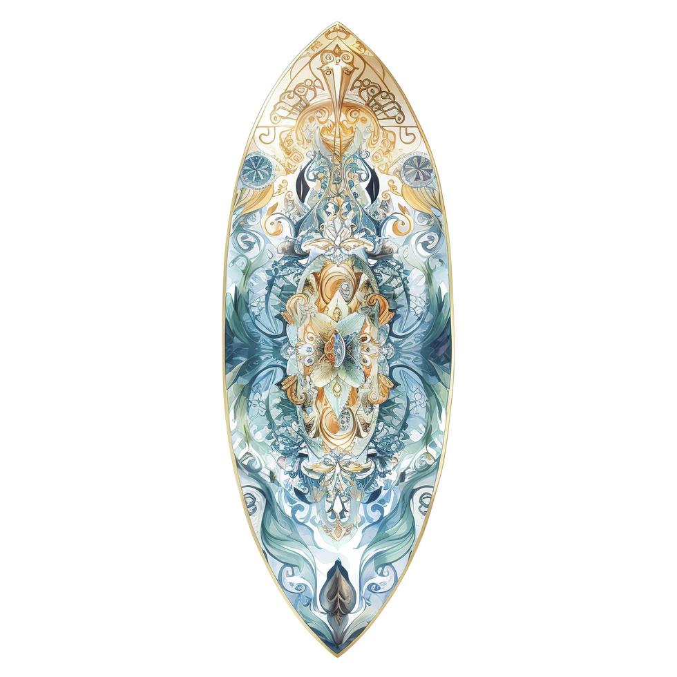 ornate surfboard. Watercolor. On the beach. 8k, on white background, generat ai photo