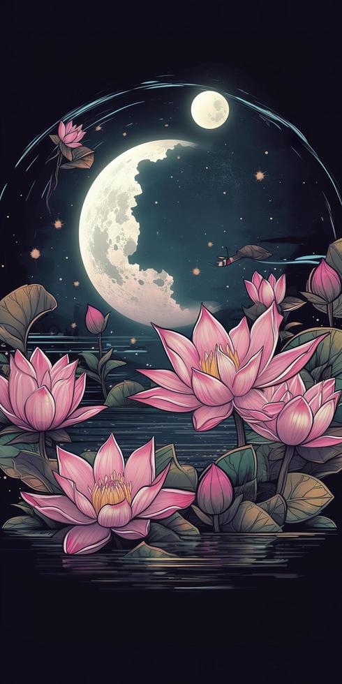 pink lotus with moon and stars design, generat ai photo