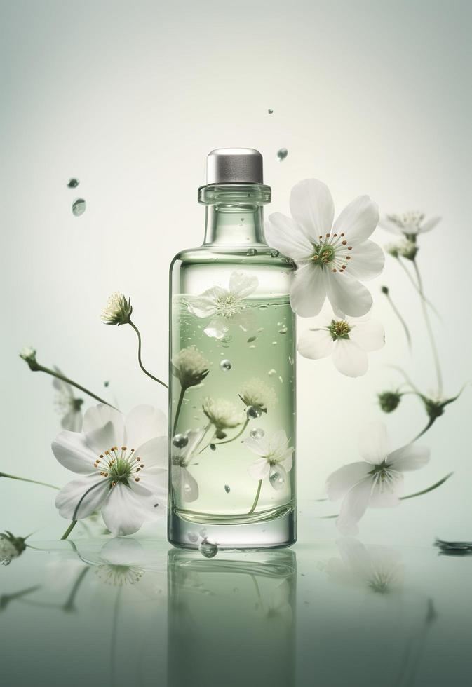 a small bottle with flowers is flying around, in the style of minimal retouching, gong bi, soft color blending, light green and white, layered imagery, generat ai photo