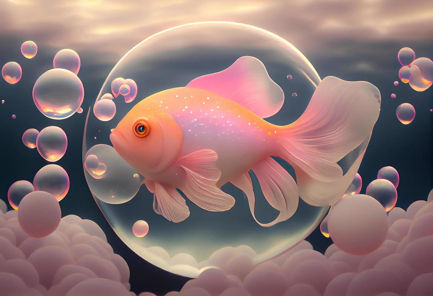 A surrealistic hyperrealistic fairytale cute cuddle fish. The background is a landscape with peach, pink and iridescent soap bubbles floating around, generat ai photo