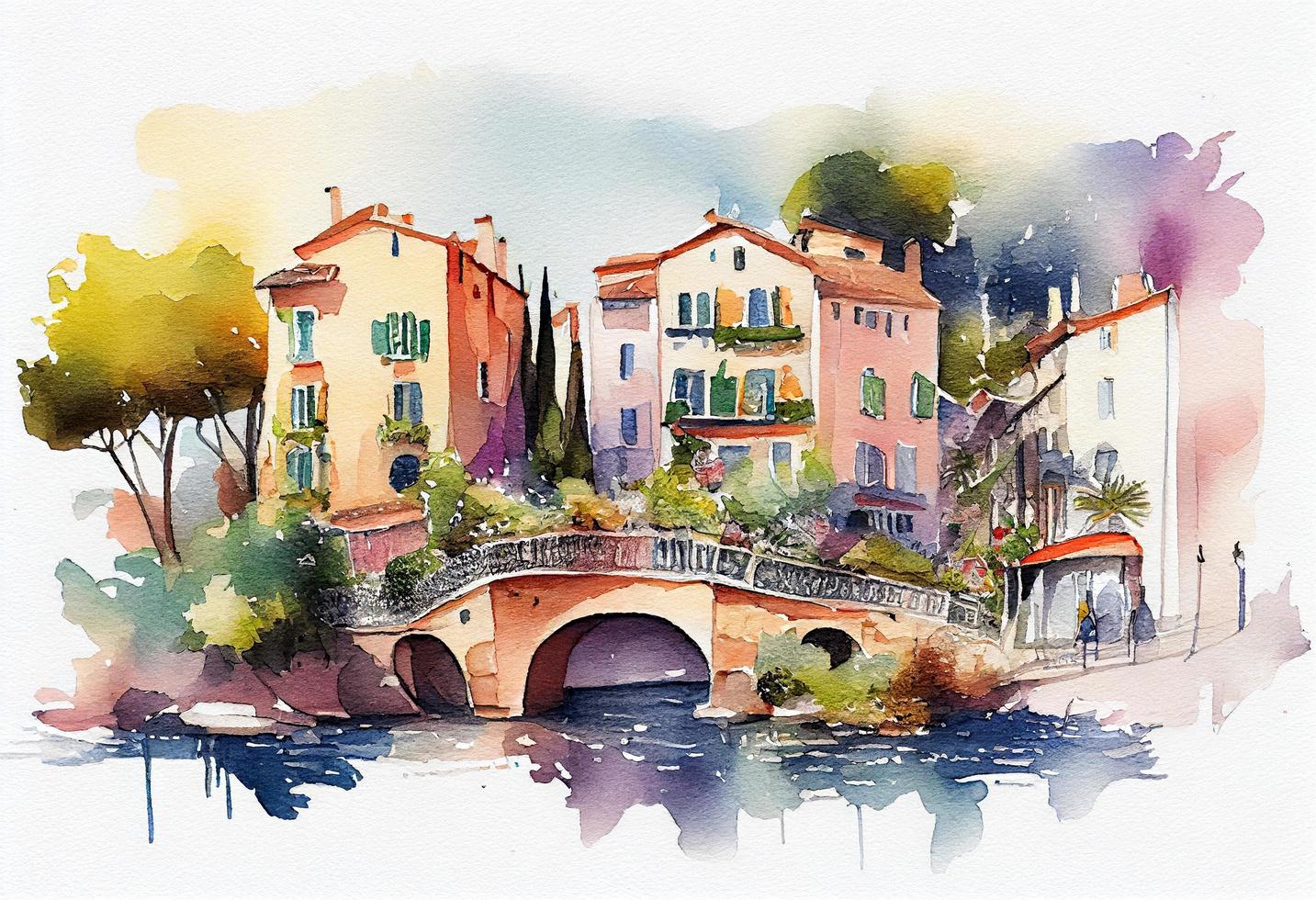a bright fairytale watercolor of houses along the river with a bridge french riviera, generat ai photo