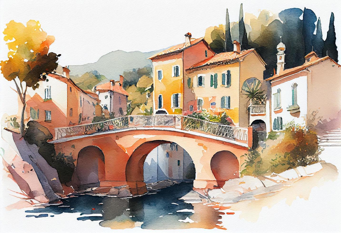 a bright fairytale watercolor of houses along the river with a bridge french riviera, generat ai photo