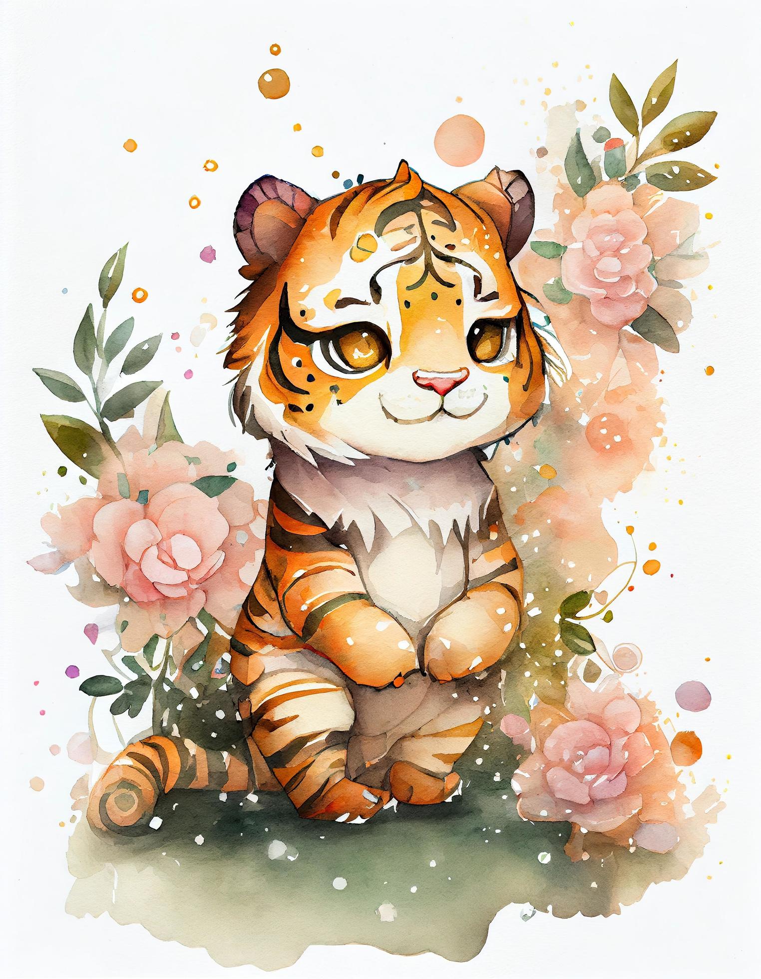 dreamy watercolor cute happy chibi tiger with flowery fairytale ...