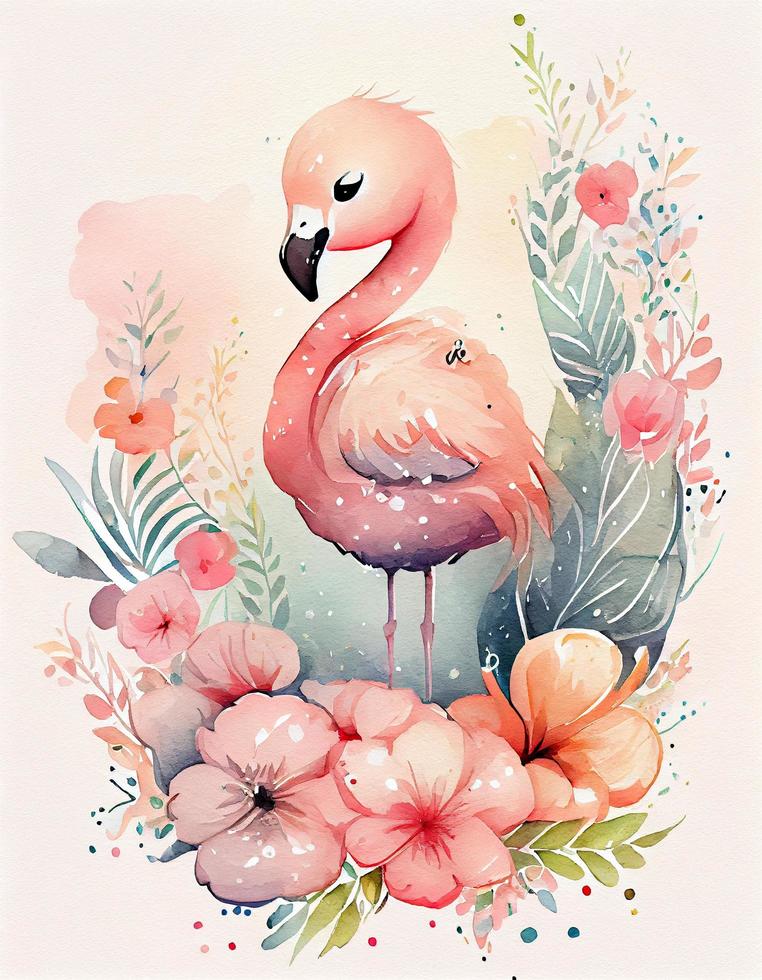 reamy watercolor cute happy chibi flamingo with flowery fairytale background, soft pastel colors, generat ai photo