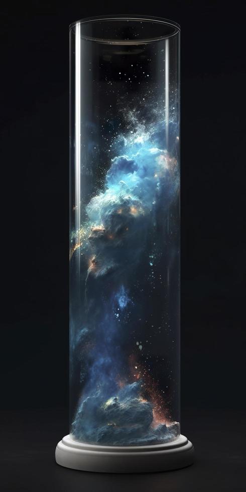 Glass tube contained the oceans, earth, wind, fire, ether, entire nature universe with stargazing nebula and stars, galaxies, generate ai photo