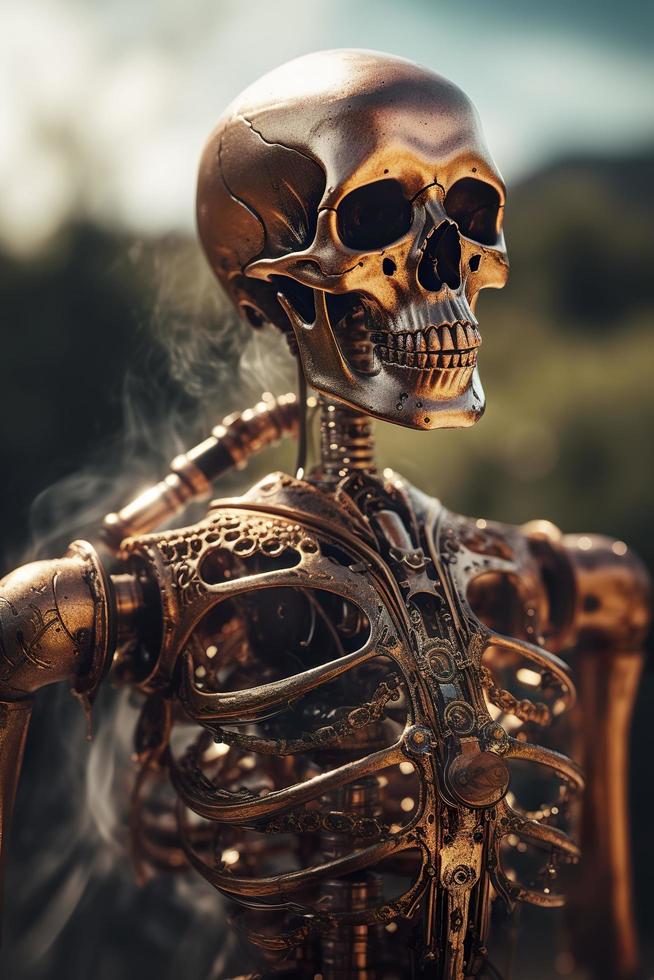 fairytale steampunk robotic skeleton emerges from the liquid copper. steamy heart and lungs inside his chest. walking through the steampunk city, generate ai photo