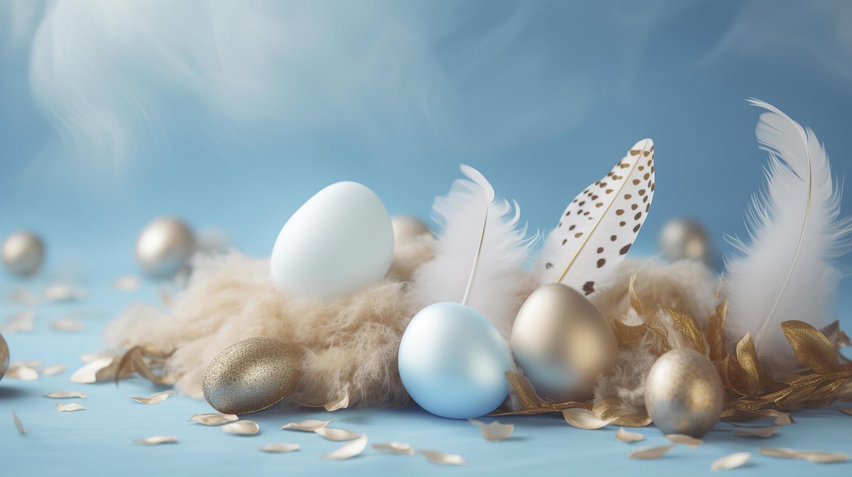 a bright blue background with one white Down feathers and eggs, in the style of soft and dreamy pastels, glimmering light effects, nature-inspired imagery, generat ai photo