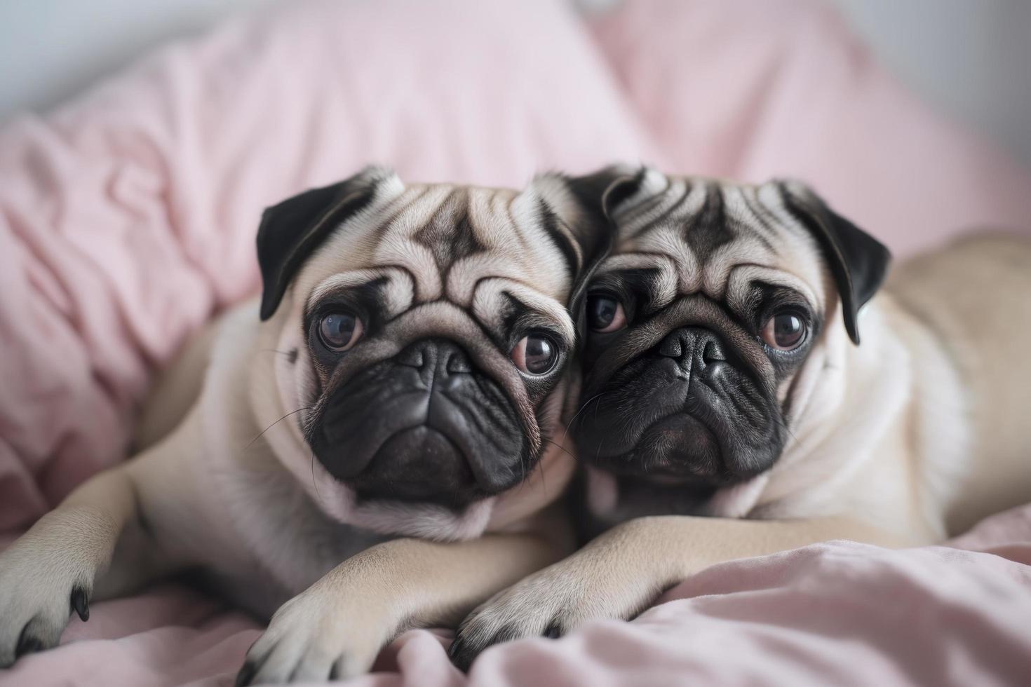 Two adorable pugs are snuggling on a pink bed photorealist, generate ai photo