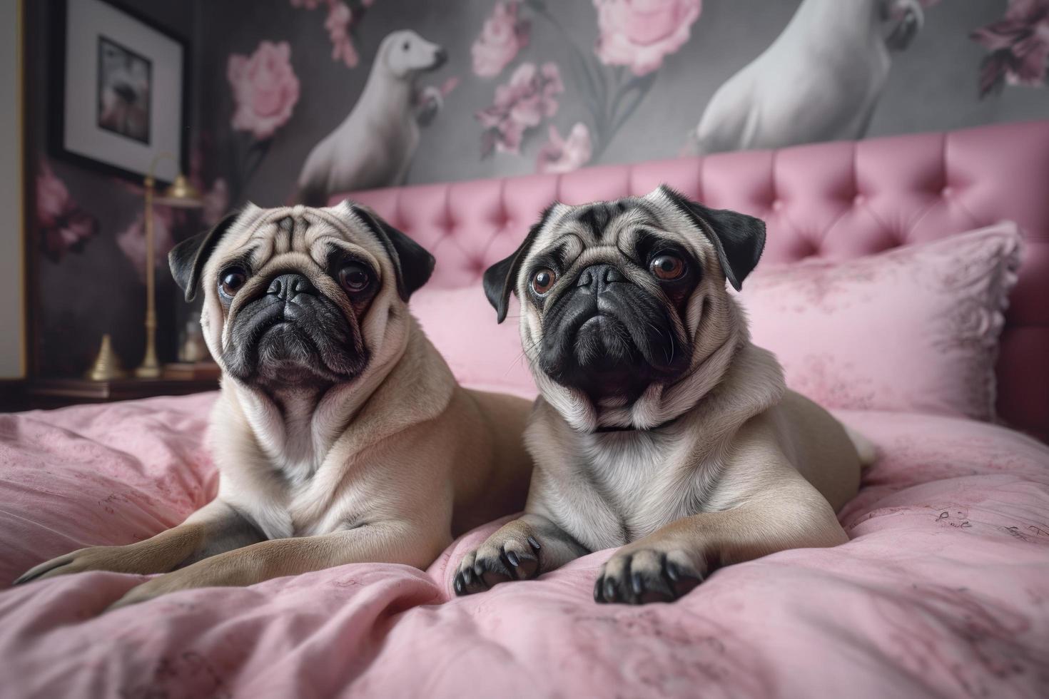 Two adorable pugs are snuggling on a pink bed photorealist, generate ai photo