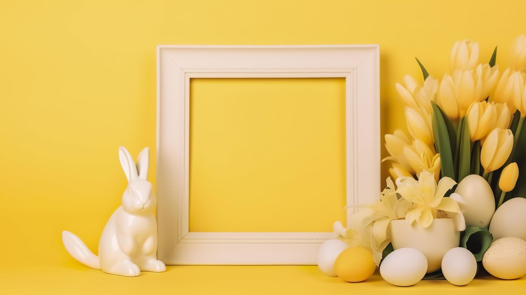 Free photo an empty white border frame decorated with lily flowers, rabbit figurine and easter eggs on yellow background, generat ai