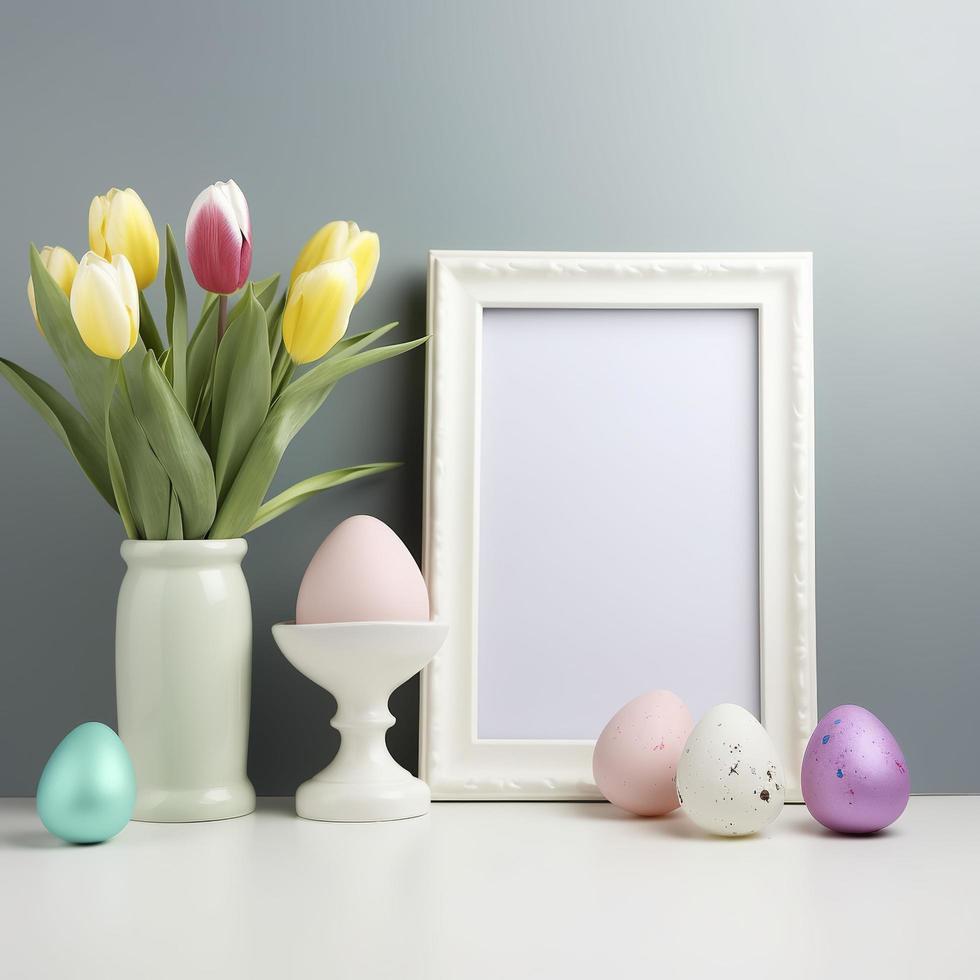Free photo easter eggs with tulips in vase and blank frame, generat ai