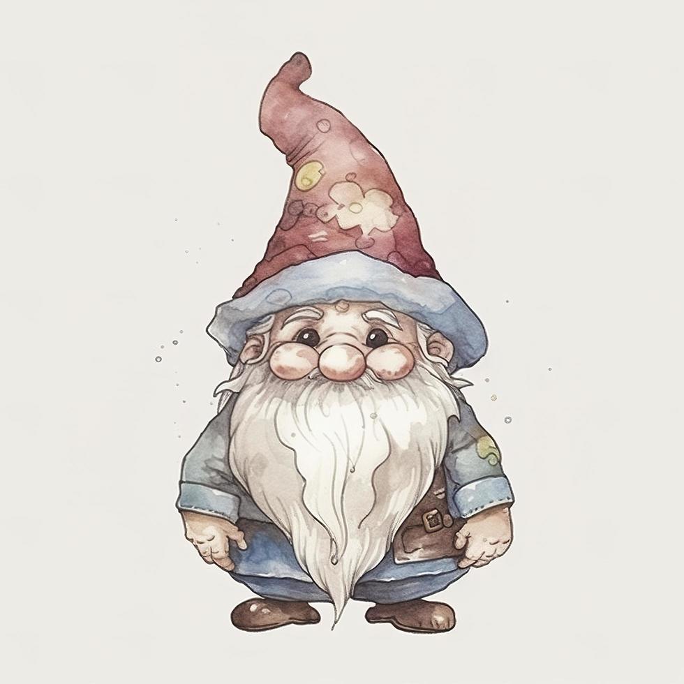 Gnome Watercolor, Sticker, Joyful, Muted Color, Retro, Contour, White Background, generat ai photo